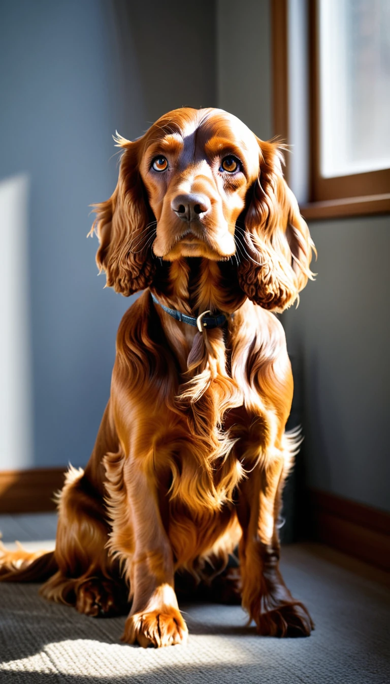 There is no one, realistic photo, photo realism, realism, cocker spaniel (cocker spaniel), perfect composition, intricate details, Very sharp, masterpiece, profile, high resolution, looking at the viewer, Full body photo in a comfortable atmosphere indoors