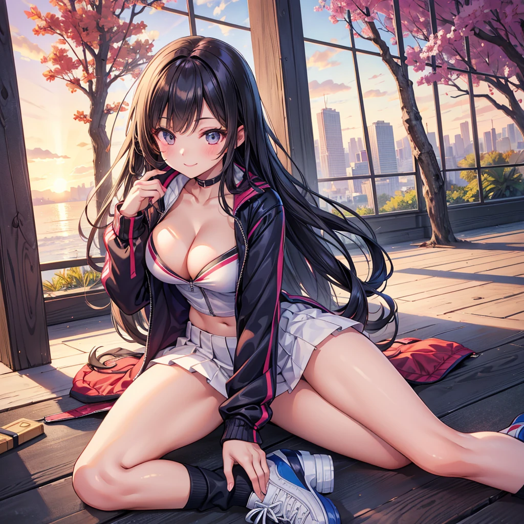 best quality,8K,high school girl,zippered track jacket,smiling,gravure idol,Model,beautiful girl,down hair,alluring Multiple girls are depicted,uniform,cardigan,blazer,uniformにリボン,girl,masterpiece,highest masterpiece,long hair,perfect face,big bust,cleavage,erotic cute,sexy girl),Angelic cute girl,Naughty Girls,Too beautiful girl,Future Fashion,Cutting-edge fashion,Model,Full body image,perfection,Colorful