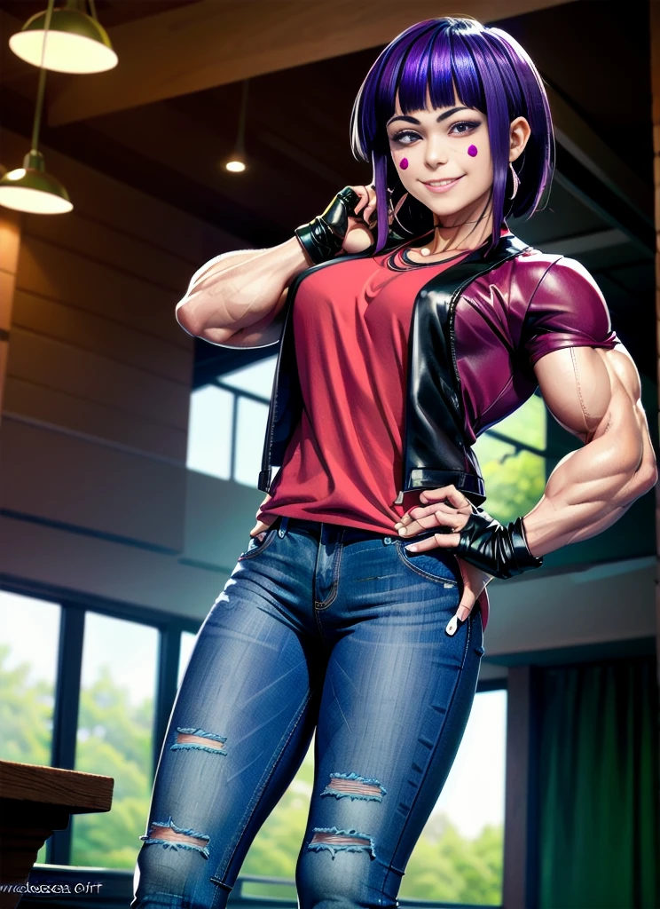 ((best quality)), ((muito detalhado)), ​masterpiece, most absurd, (detailled eyes, deep eyes), (((((((1 girl))))))), Perspective distortion, contrasted, Stand, ((legs auseinander)), crossed arms, ((Full-shot)), (from bottom), Viewers look at, jirou2, purple hair, shorth hair, bangs, black eyes, long earlobes, small breasts, smiling, (Facial spots), neck ribbon, ((rotes T-Shirt)),leather jacket Über T-Shirt tragend , leather jacket, black jacket, open jacket, white fingerless gloves, ((Lange Jeans Hose)), boots, (indoors, in a hall), ((Bodybuilder)), ((((extremely muscular)))), young woman, Muscular, legs ,  ((Muscular Arme)),  Muscularr Oberkörper,  Muscular Bauchmuskeln , Muscular Schultern, Muscularr Rücken, 