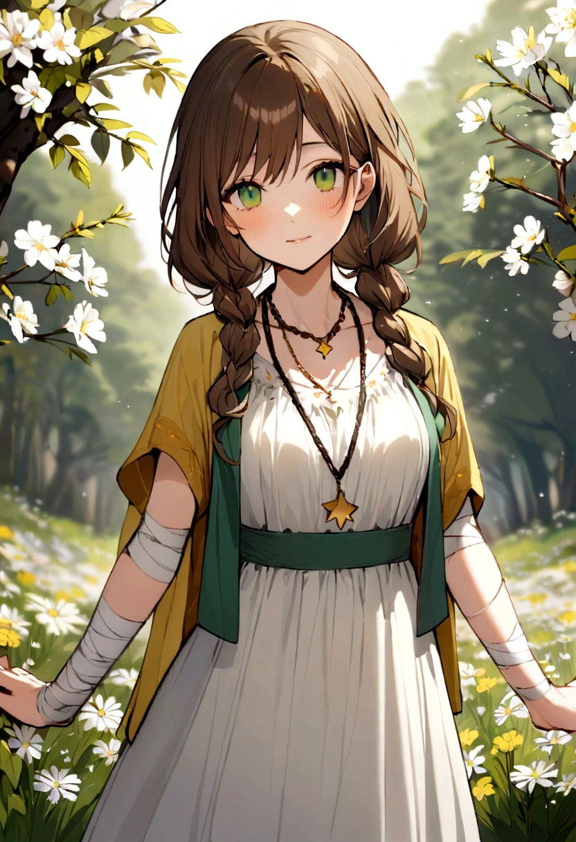 Image of a tall 21 year old girl with medium long and slightly messy brown hair, green eyes, white bandages on the arms and a necklace with a yellow star pendant in spring