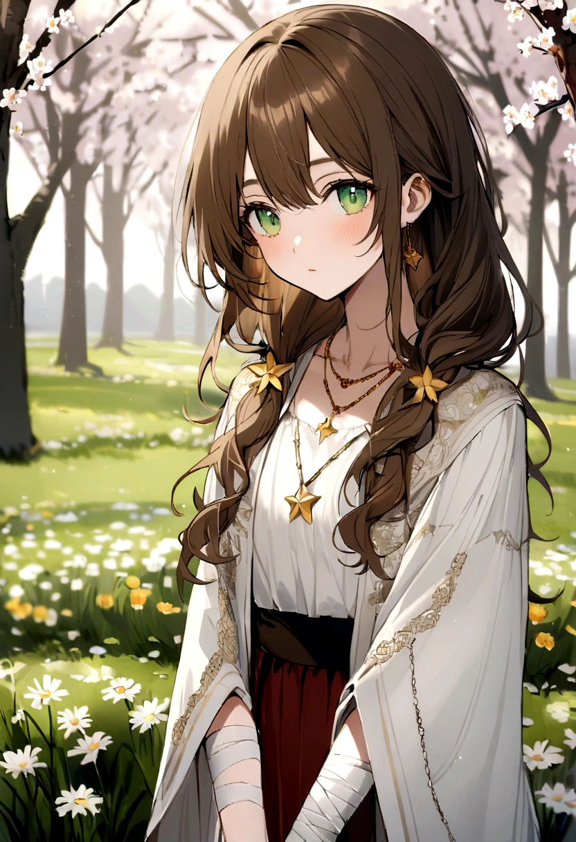Image of a tall 21 year old girl with medium long and slightly messy brown hair, green eyes, white bandages on the arms and a necklace with a yellow star pendant in spring