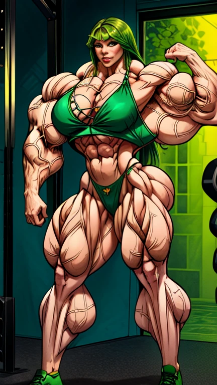 masterpiece,The image is very clear,(((Perfect Woman))),(((one person))),Sci-Fi Lab, Beautiful and delicate face,Female Hulk,Green Skin, Muscular body, High-tech scene, Very tiht gym hot pants mid-distance shot, ((Long green hair)), Excellent feeling,Large Breasts,cleveage,rich and colorful,Very detailed body, Perfect eyes, Perfect hands, Sexy expressions, full-body shot, Wet body,Green Bikini,(((Bodybuilder:1.5)))