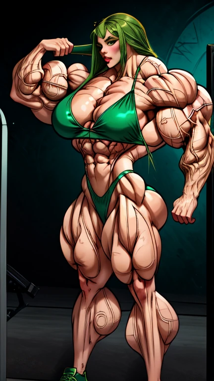 masterpiece,The image is very clear,(((Perfect Woman))),(((one person))),Sci-Fi Lab, Beautiful and delicate face,Female Hulk,Green Skin, Muscular body, High-tech scene, Very tiht gym hot pants mid-distance shot, ((Long green hair)), Excellent feeling,Large Breasts,cleveage,rich and colorful,Very detailed body, Perfect eyes, Perfect hands, Sexy expressions, full-body shot, Wet body,Green Bikini,(((Bodybuilder:1.5)))