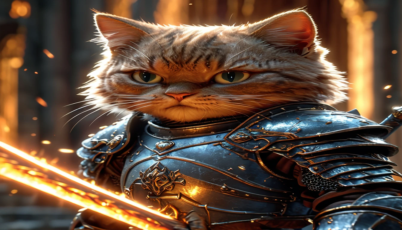 ,cat knight,whole body, The action of flying forward from above with a flaming sword and slashing, Wearing dark armor, Castle Background, High resolution, masterpiece, Highest quality, Super detailed, Super detailed, Ultra-realistic,
 Hong Kong Style, 3D Fluffy, Cute and adorable close-ups, Cute big round reflective eyes, Long fuzzy fur, Pixar Rendering, unreal engine Cinematic smooth, Exquisite detail, Cinematic