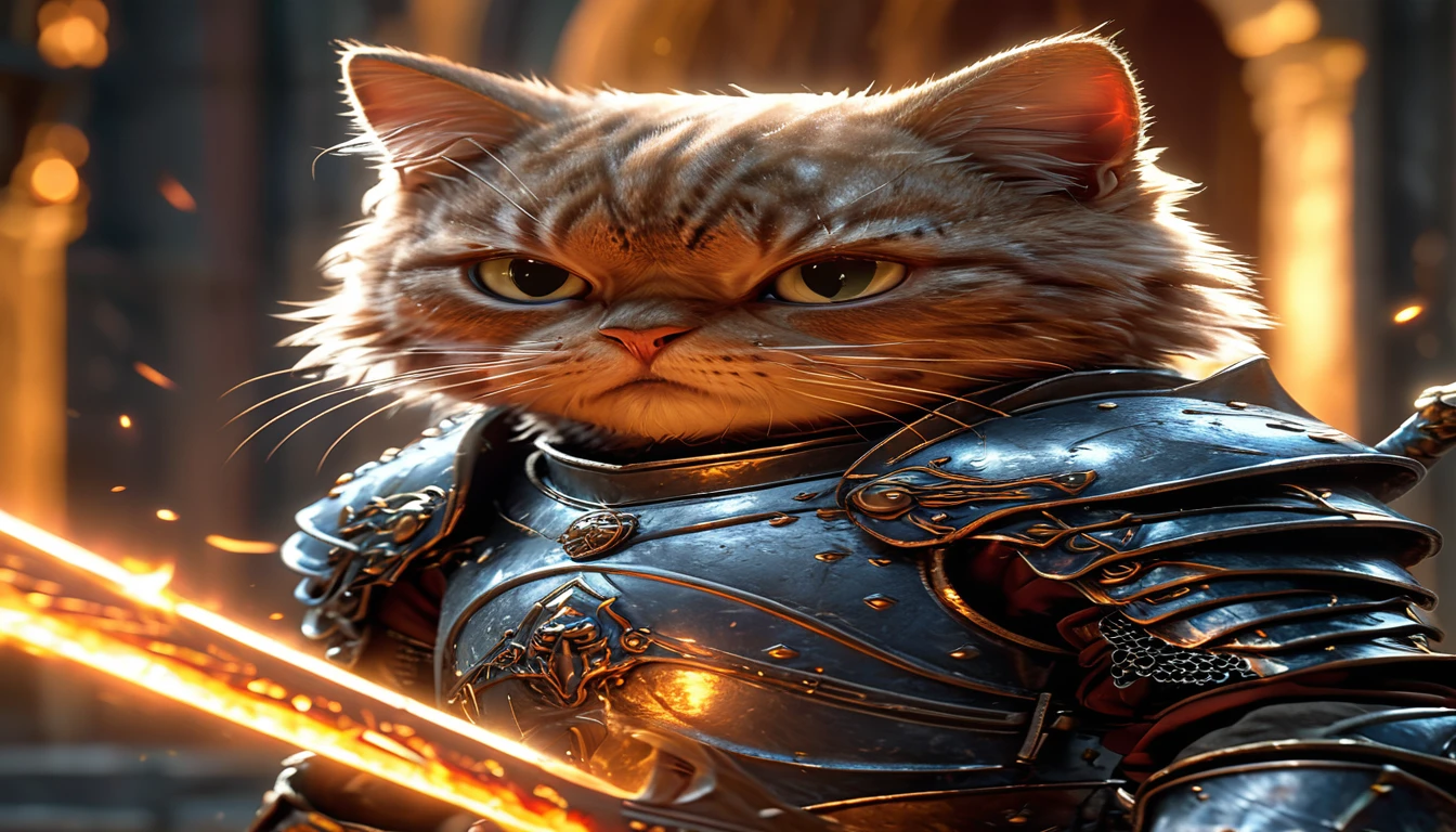 ,cat knight,whole body, The action of flying forward from above with a flaming sword and slashing, Wearing dark armor, Castle Background, High resolution, masterpiece, Highest quality, Super detailed, Super detailed, Ultra-realistic,
 Hong Kong Style, 3D Fluffy, Cute and adorable close-ups, Cute big round reflective eyes, Long fuzzy fur, Pixar Rendering, unreal engine Cinematic smooth, Exquisite detail, Cinematic