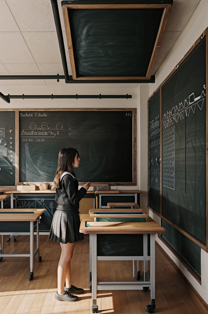 indoors, scenery, classroom, school, (chalkboard:1.5), ceiling light, school desk, sunlight, day, tiles, wooden floor, english text, ceiling, (girl talking next to chalkboard, giving a lesson), standing,