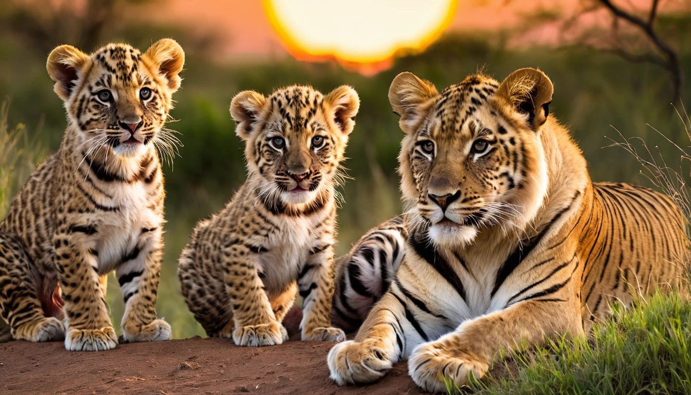 As the sun sets over the African plains, three curious cubs - a lion, a tiger, and a leopard - explore their surroundings, their wide-eyed wonder and playful curiosity captured in a whimsical, storybook style.