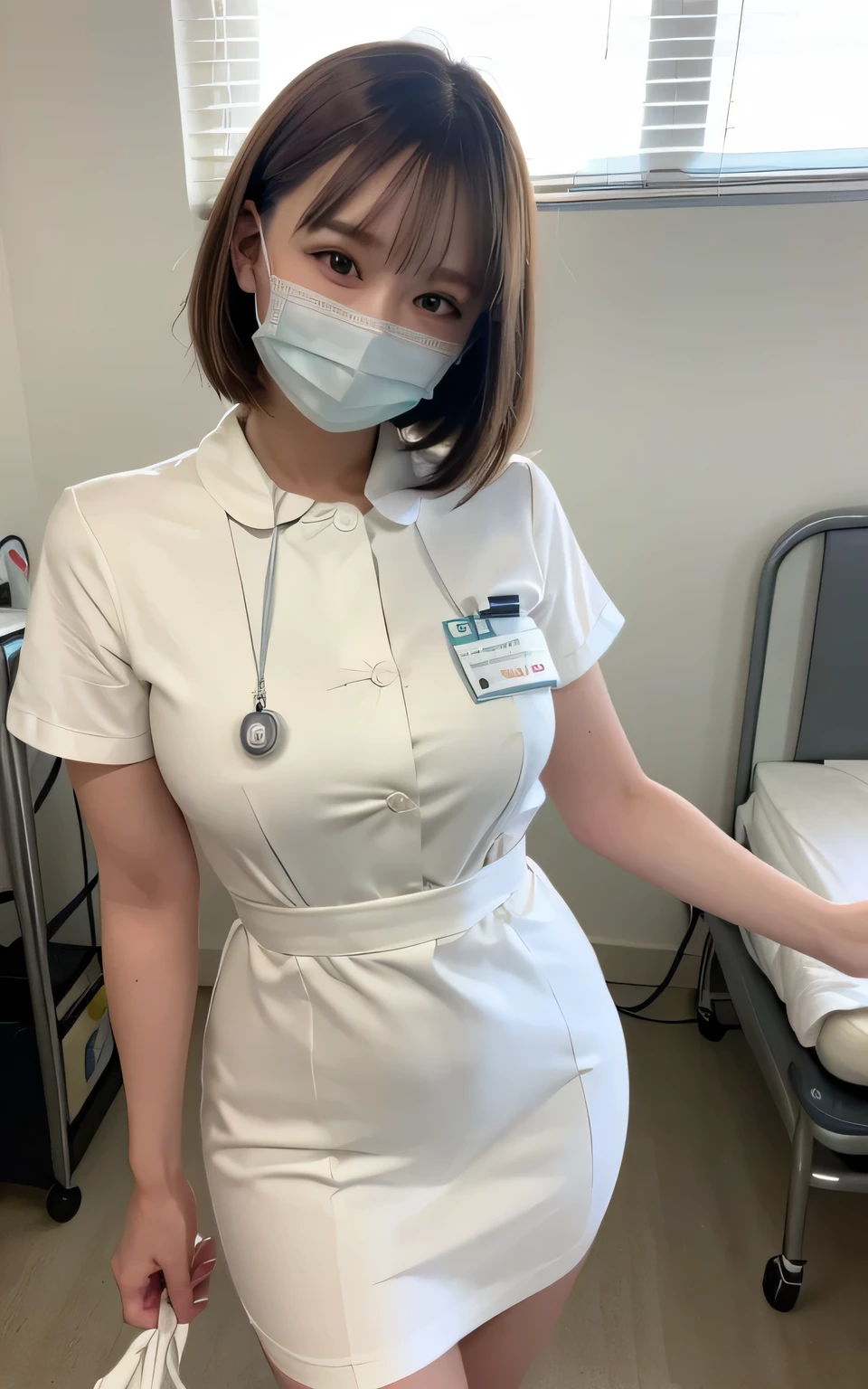 1 Girl,(Wearing white nurse clothes:1.2),(RAW Photos, Highest quality), (Realistic, photo-Realistic:1.4), masterpiece, Very delicate and beautiful, Very detailed, 2k wallpaper, wonderful, finely, Very detailed CG unity 8k wallpaper, Very detailedな, High resolution, Soft Light, Beautiful detailed girl, Very detailed eyes and face, Beautiful and detailed nose, finely beautiful eyes, nurse, Perfect Anatomy, Black Hair, Upstyle, nurse uniform, ((mask)), Long skirt, nurse, White costume, thin, hospital, clear, White Uniform, hospital room, Neck auscultation,Bobcut、Flip up the skirt、20th Generation