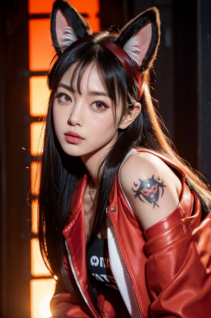 Reality, high resolution, 1 female, Hips up, beautiful eyes, Long hair, Dark circles under eyes, Jewelry, Tattoo, Infection monitors (Ark of Tomorrow), Angelina (Ark of Tomorrow), blush, Double tail, Headband, Animal ears, red Headband, Shut up, Fox ears, Bangs, red jacket, black shirt, shirt, Orange eyes, jacket