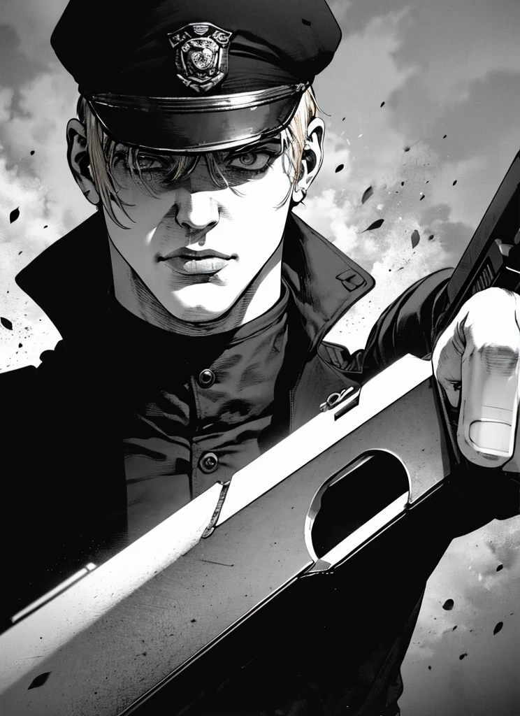 boichi manga style,  1boy, monochrome, greyscale, pointing gun, police uniform, white hair, ((masterpiece)), lips, eyes, ears, hair, hands, good hands, gun, holding a gun