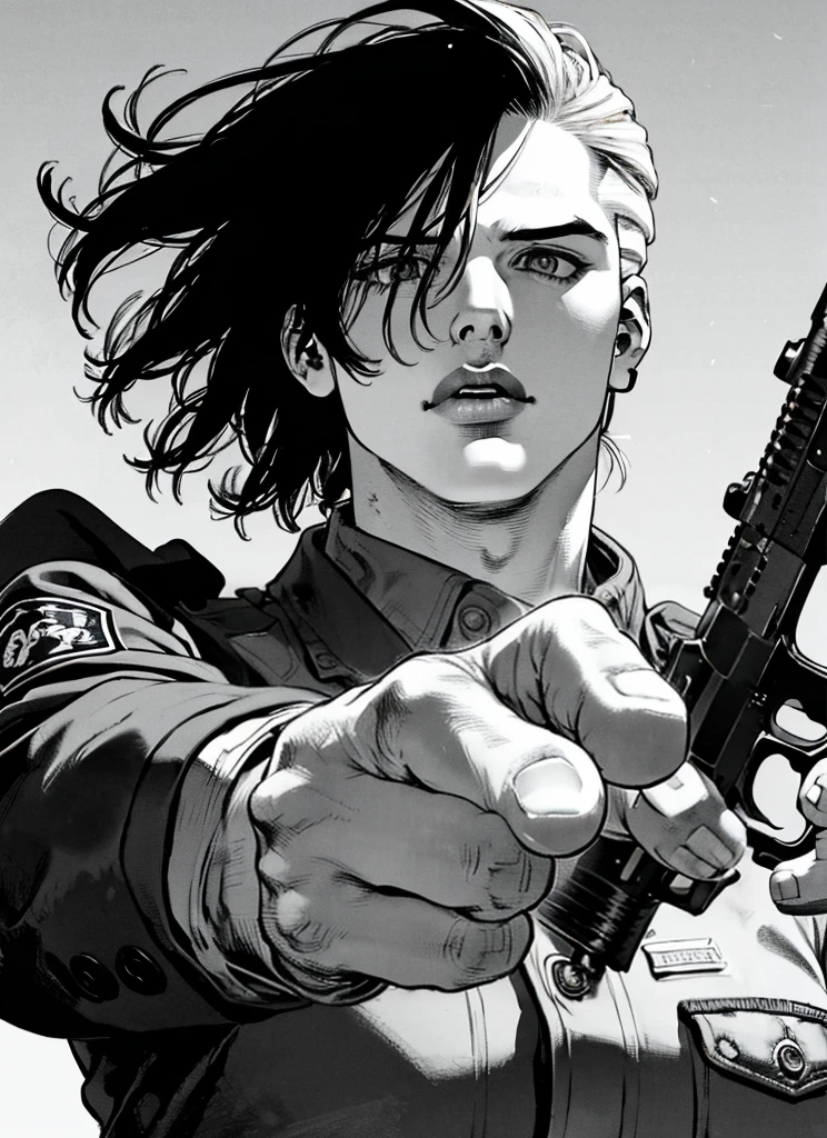 boichi manga style,  1boy, monochrome, greyscale, pointing gun, police uniform, white hair, ((masterpiece)), lips, eyes, ears, hair, hands, good hands, gun, holding a gun