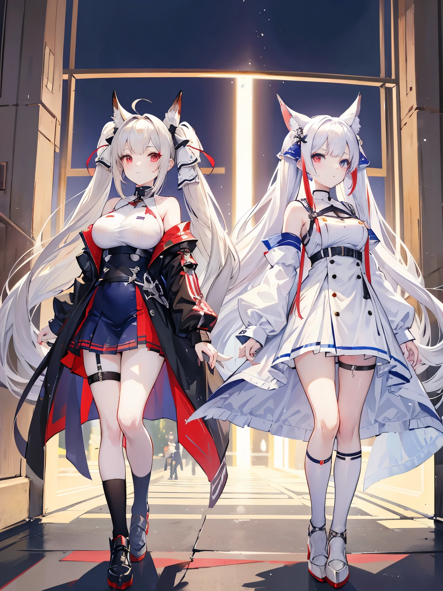 Two beautiful anime characters standing next to each other, No hair ribbon、Twin tails、Beige and white hair、Red eyes and blue eyes、Azur Lane Characters, Azur Lane Style, From Arknights, From the Azur Lane video game, Girls' Frontline style, from Girls' Frontline, artstation pixivでトレンド, Fine details. Girls' Frontline, Girls' Frontline cg, guweiz on pixiv artstation、Knee-high boots、Simple background