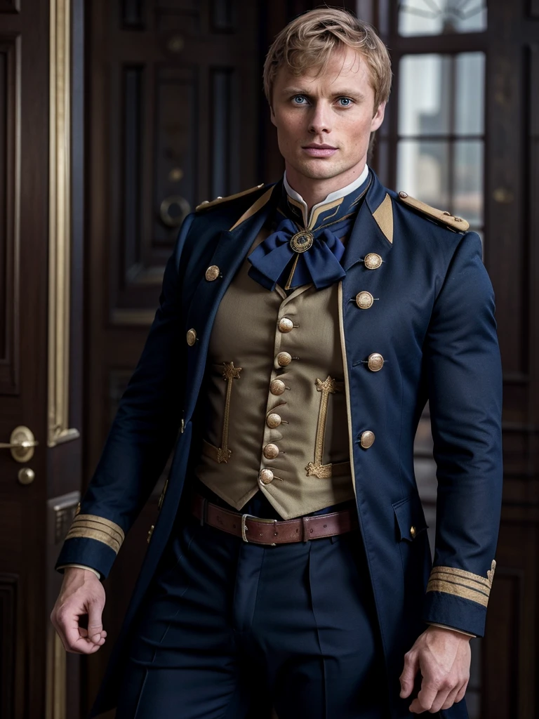 Bradley James handsome Victorian captain. The captain is 55 years old, muscular, blond, dressed in a ceremonial uniform, tight-fitting to his body and showing his muscles, buttoned up with all the buttons. His dreamy gaze is directed into the distance. The fly in the trousers is unbuttoned. Big and thick dick.