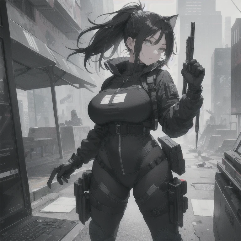 Absurd resolution, high resolution, (masterpiece: 1.4), hyper-detail, full body shot, solo, 1 kemono feline cat woman, black hair, messy ponytail, cute face, detailed soft grey eyes, extremely large bust, huge hyper super swollen breasts, wide full hips, narrower torso, smaller torso, full thicc soft thighs, rounded full soft butt, monochrome black and grey fullbody covering protective padding pilot rugged utility suit with white chest, scifi padded rugged high collar techwear jacket with white and black triangular decals and techwear iconography, techwear gloves, arm mounted strapped display scifi tablet/communication device/computer, rugged tablet display mounted on MOLLE strap on top of her bust, ruggedized computer tablet mounted above her breasts, ruggedized tech, ruggedized tech aesthetic, fitted utility pants, near future scifi, cyberpunk aesthetic, anime aesthetic