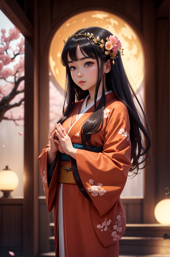 ((Praying Hands)),Upper Body,((Looking at the audience)),Facing the front,Gorgeous red kimono,Intricate patterns that complement the kimono,Long black hair,Pink cherry blossom hair accessory,Beautiful and delicate face,blue eyes,Big eyes,Extremely fine resolution,Highest quality,Golden Background,((Golden Moon)),Mysterious,Cherry Blossoms at Night