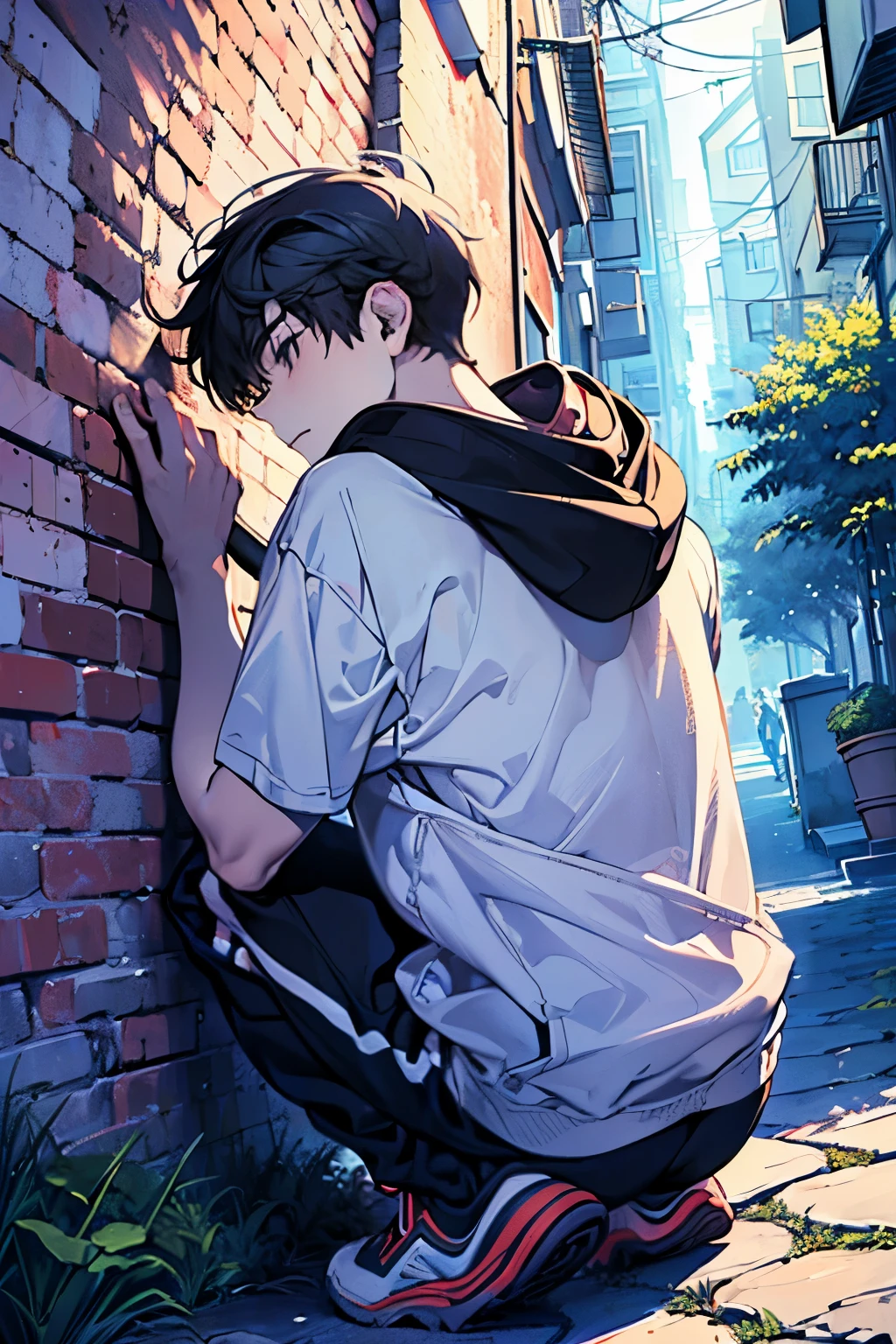 (masterpiece, top quality, best quality:1.2), (1boy:1.3),((squat,Sit on the ground:1.2)),(light line body:1.35),((Oversized T-shirt:1.3)),((Hoodie:1.3)),(looking front:1.15),(brush),((outdoor,Alley:1.2)),((With his back against the wall:1.2)),((side angle:1.3))