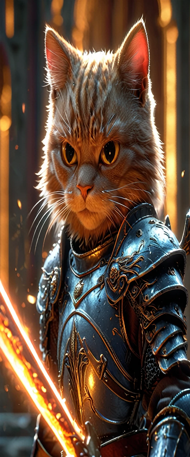 Close-up shot of a cat, cat knight,whole body, Holding a flaming sword, Wearing dark armor, Castle Background, High resolution, masterpiece, Highest quality, Super detailed, Super detailed, Ultra-realistic,
Hong Kong Style, 3D Fluffy, Cute and adorable close-ups, Cute big round reflective eyes, Long fuzzy fur, Pixar Rendering, unreal engine Cinematic smooth, Exquisite detail, Cinematic