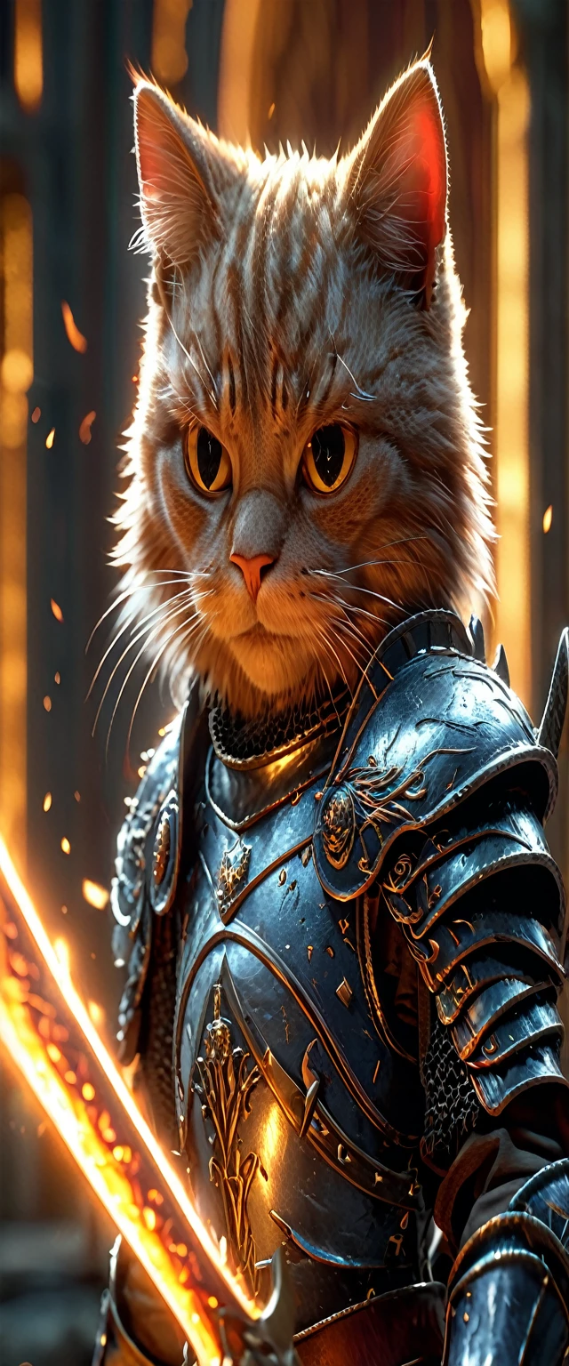 Close-up shot of a cat, cat knight,whole body, Holding a flaming sword, Wearing dark armor, Castle Background, High resolution, masterpiece, Highest quality, Super detailed, Super detailed, Ultra-realistic,
 Hong Kong Style, 3D Fluffy, Cute and adorable close-ups, Cute big round reflective eyes, Long fuzzy fur, Pixar Rendering, unreal engine Cinematic smooth, Exquisite detail, Cinematic