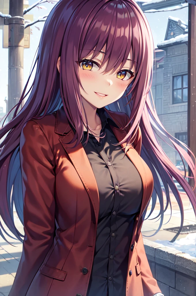 Masterpiece, best quality, highres, upper body, close up, detailed eyes, red hair, yellow eyes, white backround, long hair, blush, winter coat, beautiful eyes, large breaast, closed lips, ((hair down)), very long hair, smile