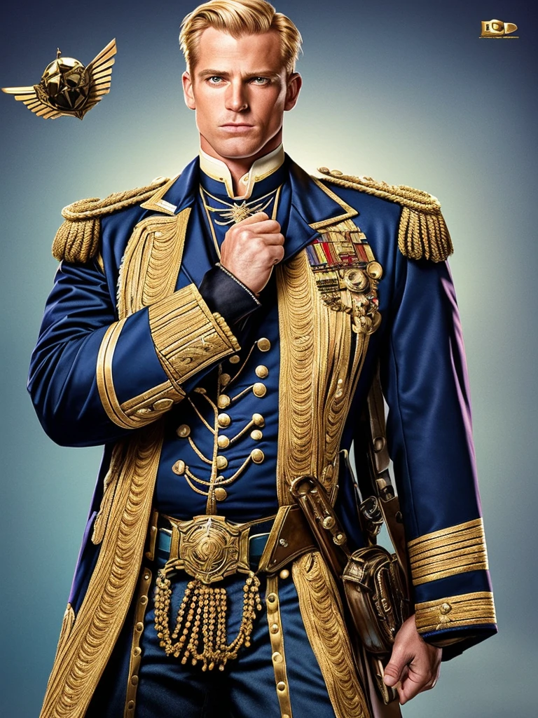 Bradley James handsome Victorian captain. The captain is 55 years old, muscular, blond, dressed in a ceremonial uniform, tight-fitting to his body and showing his muscles, buttoned up with all the buttons. His dreamy gaze is directed into the distance. The fly in the trousers is unbuttoned. Big and thick dick.