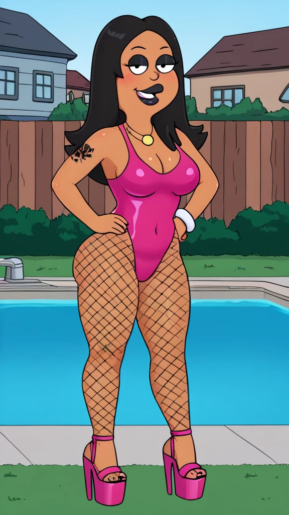 francine, flat color, black hair, 1girl, long hair, white braclet, medium breasts, dark skin, solo, necklace, cleavage, fishnet bathing suit, black lips, nsfw, standing, looking at viewer, outdoors, full-body, smile, blushing, open-toe platform high heels, black eyeliner, multiple tattoos, plump mouth, fishnet leggings, thick thighs, bimbo