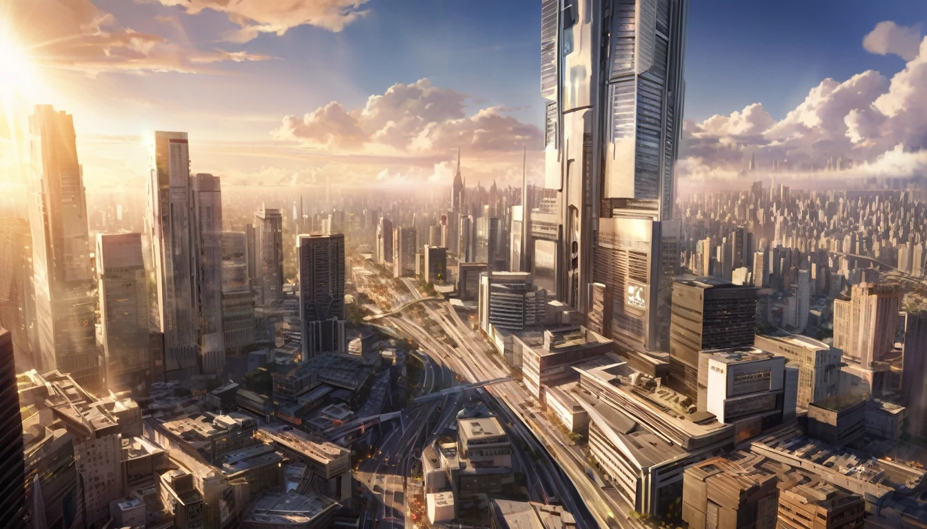 detailed anime city landscape, modern cityscape, cloudy sky, soft diffused sunlight, dramatic lighting, beautiful detailed architecture, towering skyscrapers, urban environment, cinematic atmosphere, (best quality,4k,8k,highres,masterpiece:1.2),ultra-detailed,(realistic,photorealistic,photo-realistic:1.37),vibrant colors, warm lighting, volumetric fog, intricate details, establishing shot
