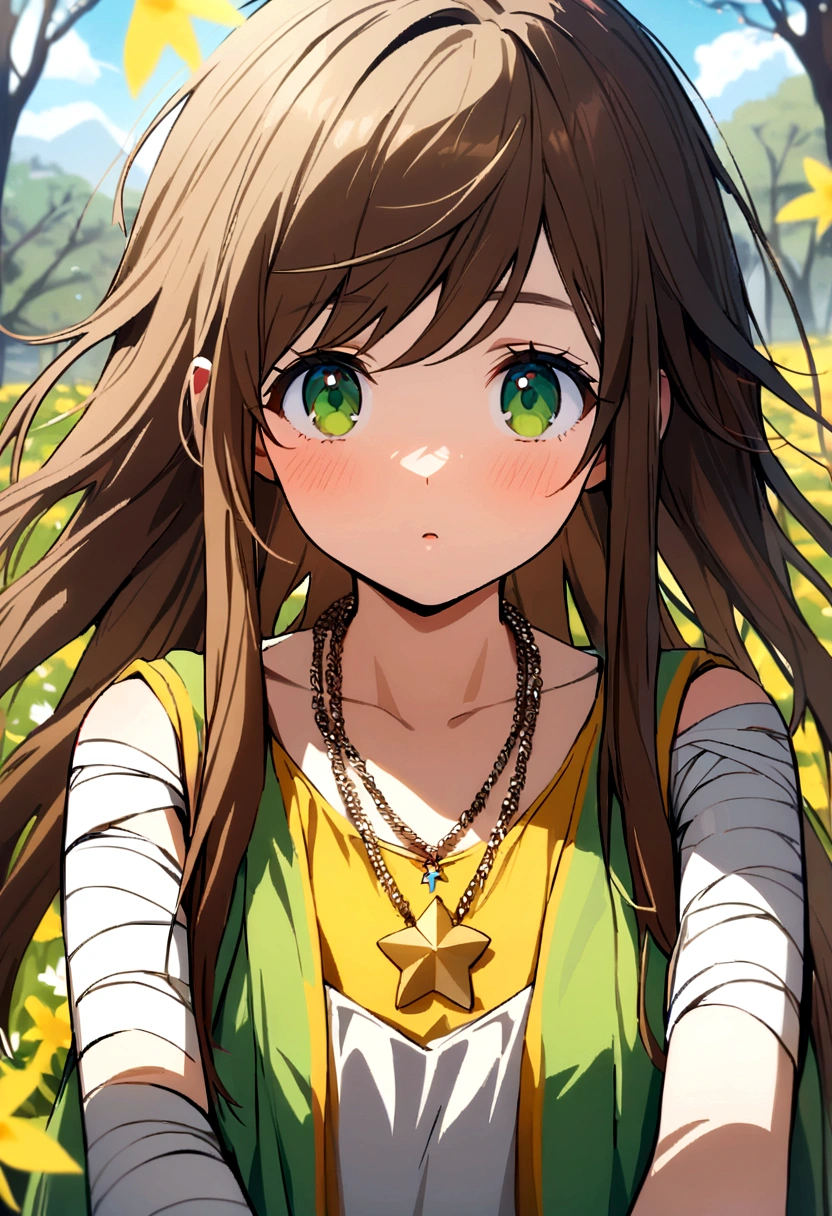 Image of a tall 21 year old girl with medium long brown hair, loose and a little messy, green eyes, white bandages on the arms and a necklace with a yellow star pendant in spring