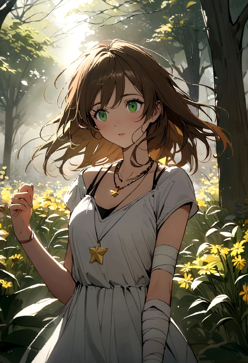 Image of a tall 21 year old girl with medium long brown hair, loose and a little messy, green eyes, white bandages on the arms and a necklace with a yellow star pendant in spring