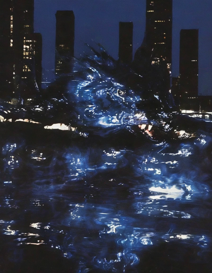 ong view of fire on black water, blue night city background