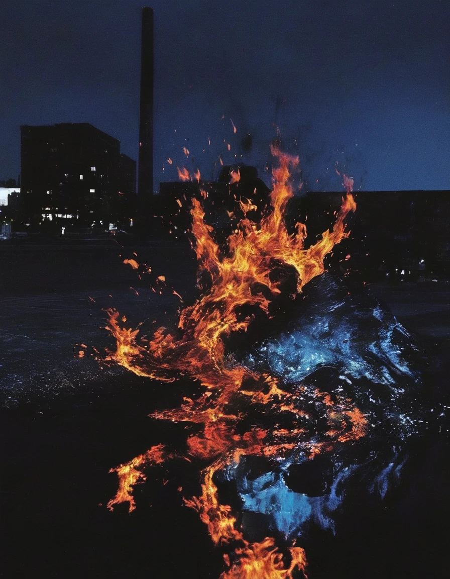 ong view of fire on black water, blue night city background