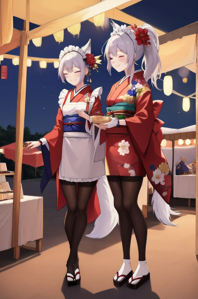 masterpiece, best quality, absurdres, perfect anatomy, mionewyears, ponytail, hair ornament, red kimono, flower print, white apron, frills, wrist cuffs, maid headdress, black pantyhose, wolf tail, outdoors, food stalls, festival, night, fireworks, closed eyes, smile, blush, arms behind back, 