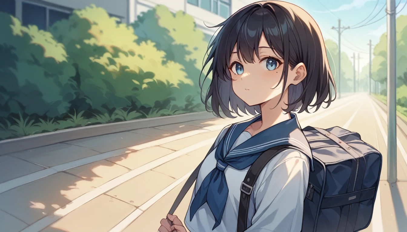 Portrait、512、Medium hair with black hair、1 high school girl、Canine、Tear mole on left eye、White and navy blue sailor suit、Country Road、Walking、School bag on both shoulders