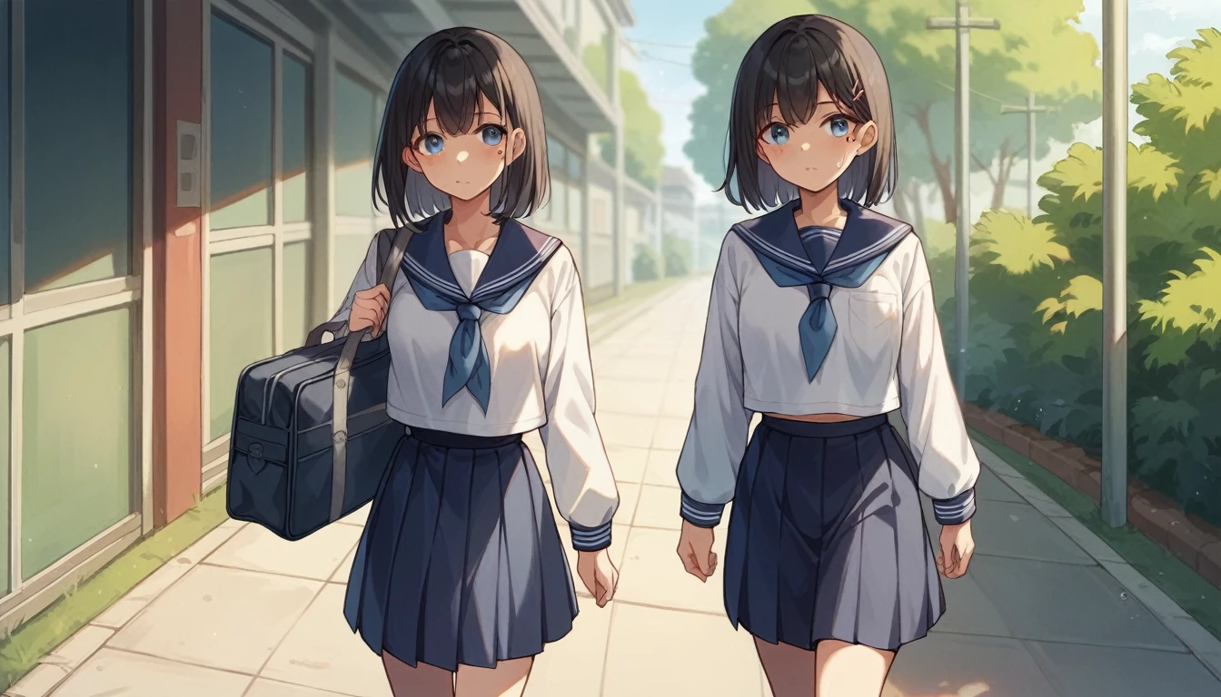 Portrait、512、Medium hair with black hair、1 high school girl、Canine、Tear mole on left eye、White and navy blue sailor suit、Country Road、Walking、School bag on both shoulders