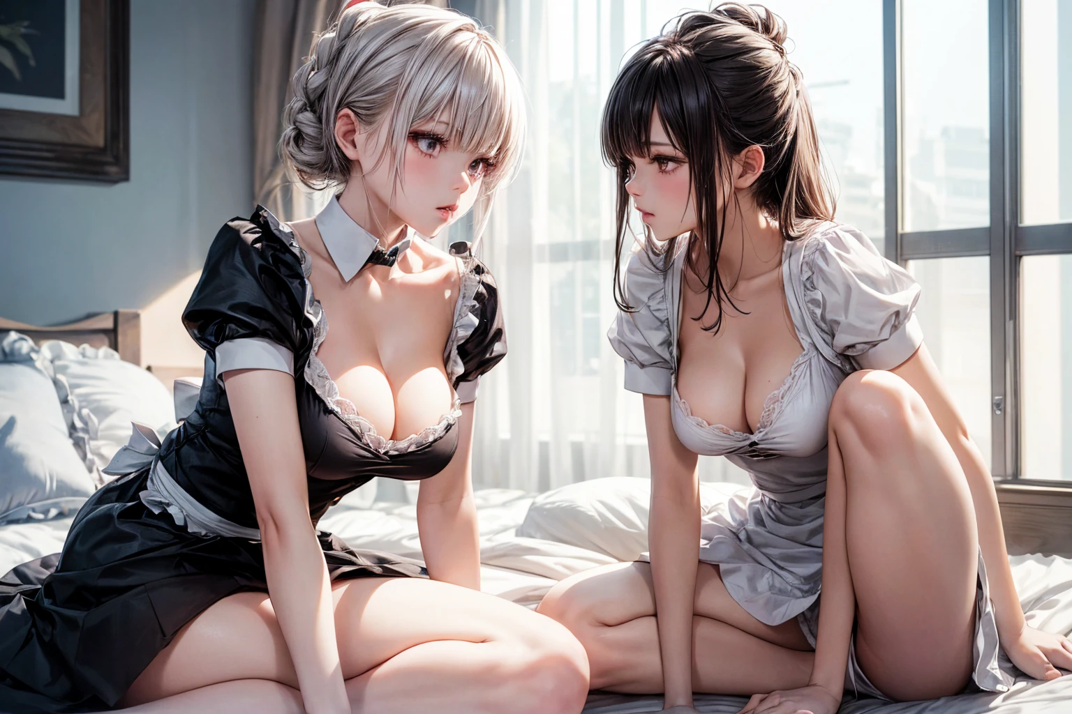 8K quality、High resolution、Sexy maid、Realistic skin texture、High resolutionの肌、、Grabbing the breast、Princess Hair、thin、Small and young breasts、Beautiful cleavage、Gray Hair、Thin legs、French Braid、、Full Body Shot、Moist lips、Woman sitting、Shooting from the side、high definition eyes