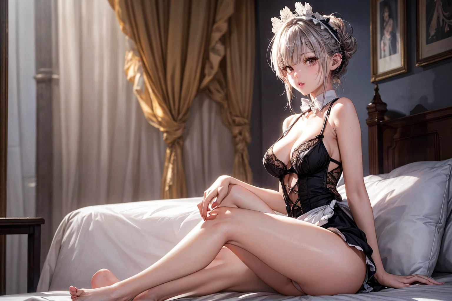 8K quality、High resolution、Sexy maid、Realistic skin texture、High resolutionの肌、、Grabbing the breast、Princess Hair、thin、Small and young breasts、Beautiful cleavage、Gray Hair、Thin legs、French Braid、、Full Body Shot、Moist lips、Woman sitting、Shooting from the side、high definition eyes