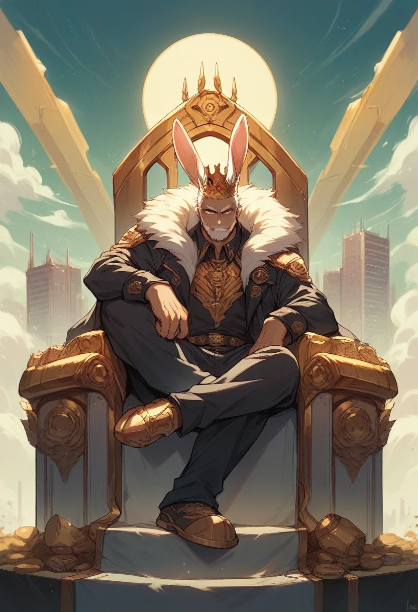 Rabbit man with crown sitting on his throne in a futuristic city and golden letters with the words KING, rabbit