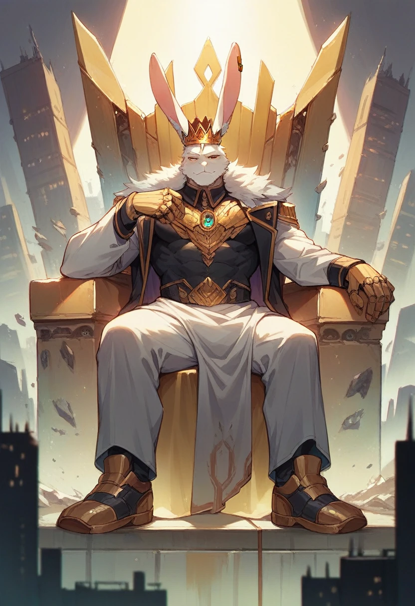 Rabbit man with crown sitting on his throne in a futuristic city and golden letters with the words KING, RABBIT golden letters on the back with the words KING RABBIT
