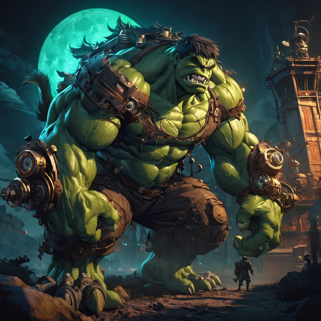 Cai GuoRUN's illustration style, A Magnificent hulk with werewolf features a steampunk Covered with thick spikeoon Night, The scene is full body like, highly detailed surreal vfx, Vivid tones, Chinese traditional elements, Reality, Minimal composition, High Saturation, High contrast,Rich detail in light and shadow, Sharp contrasts and clean lines