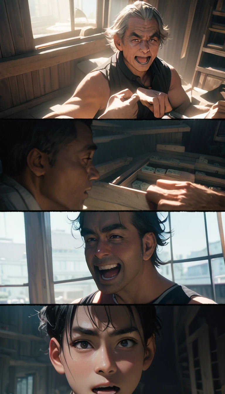 (8K, RAW photos, best quality, masterpiece: 1.4), (((Four middle-aged men playing mahjong)))，Ultra-high resolution, Extremely detailed, light, Close-up of the second floor window, Greasy man, Scruffy hair, Dark skin,dark, Sleeveless vest, Open your mouth to argue,(perfect anatomy:1.2), High-quality shadows, Natural Lighting, (White highlights:1.2), night, cloudy day, (Looking inside the house from the second floor window:1.2), (Room:1.2)