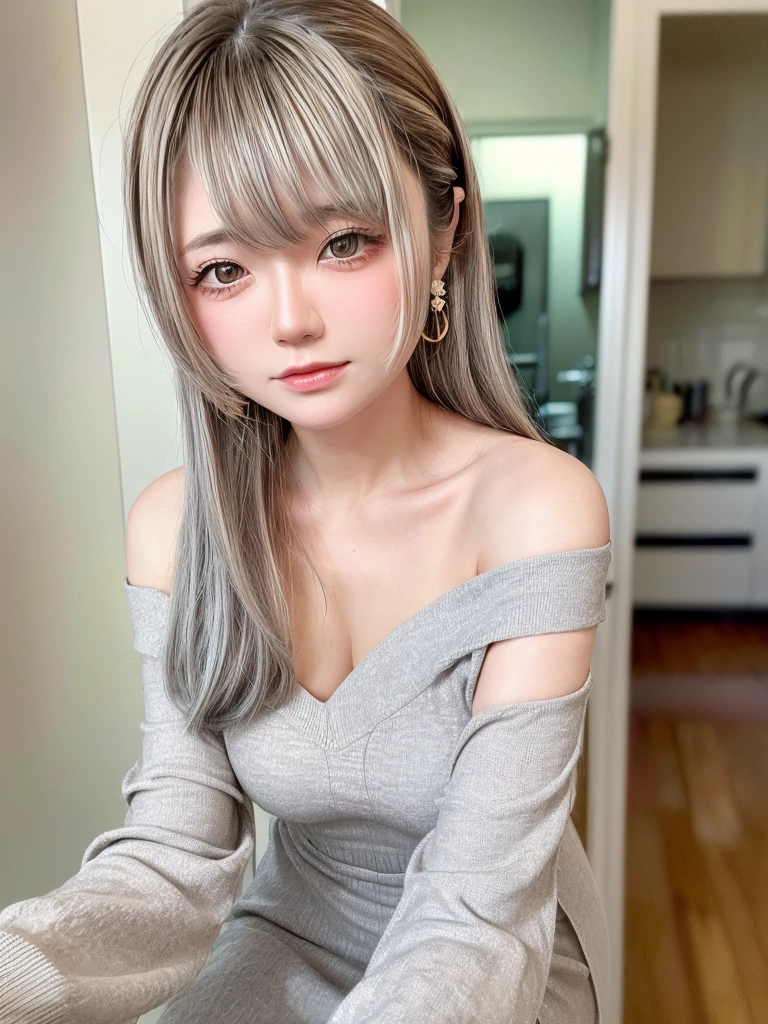 8K, RAW Photos, Fujifilm, Beautiful 20 year old woman style photo, (((Gray Hair:1.3,美しいGray Hairのストレートヘアー、シルキーなGray Hair)))、((( Wearing a white off-the-shoulder dress:1.5,))) Gold earrings, (Highly detailed skin: 1.2), Light medium brown hair, Film Grain, 35mm, Cute Style、On the bed、(((全Nude 1.5)))(((Nude 1.5)))Full nudity、、Take off your clothes、Open your mouth、