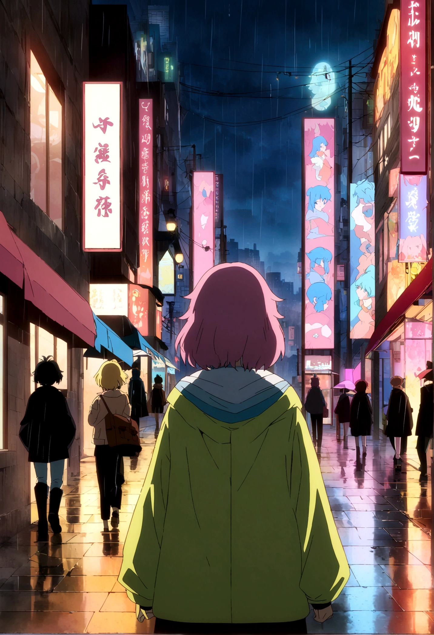 a painting of a city street at night with a person walking in front of a, anime atmospheric, anime asthetic, anime wallaper, anime background, atmospheric anime, beautiful anime art style, anime aesthetic, anime style cityscape, anime vibes, rainy night, artistic. alena aenami, art of alena aenami, lofi artstyle, by Alena Aenami, rain. hyper detailed, lofi art, anime art style, Alena Aenami, style of alena aenami, lo-fi art