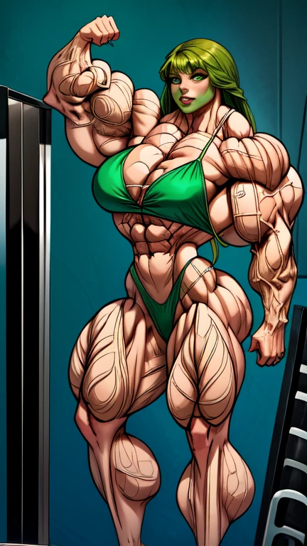 masterpiece,The image is very clear,(((Perfect Woman))),(((one person))),Sci-Fi Lab, Beautiful and delicate face,Female Hulk,Green Skin, Muscular body, High-tech scene, Very tiht gym hot pants mid-distance shot, ((Long green hair)), Excellent feeling,Large Breasts,cleveage,rich and colorful,Very detailed body, Perfect eyes, Perfect hands, Sexy expressions, full-body shot, Wet body,Green Bikini,(((Bodybuilder:1.5)))