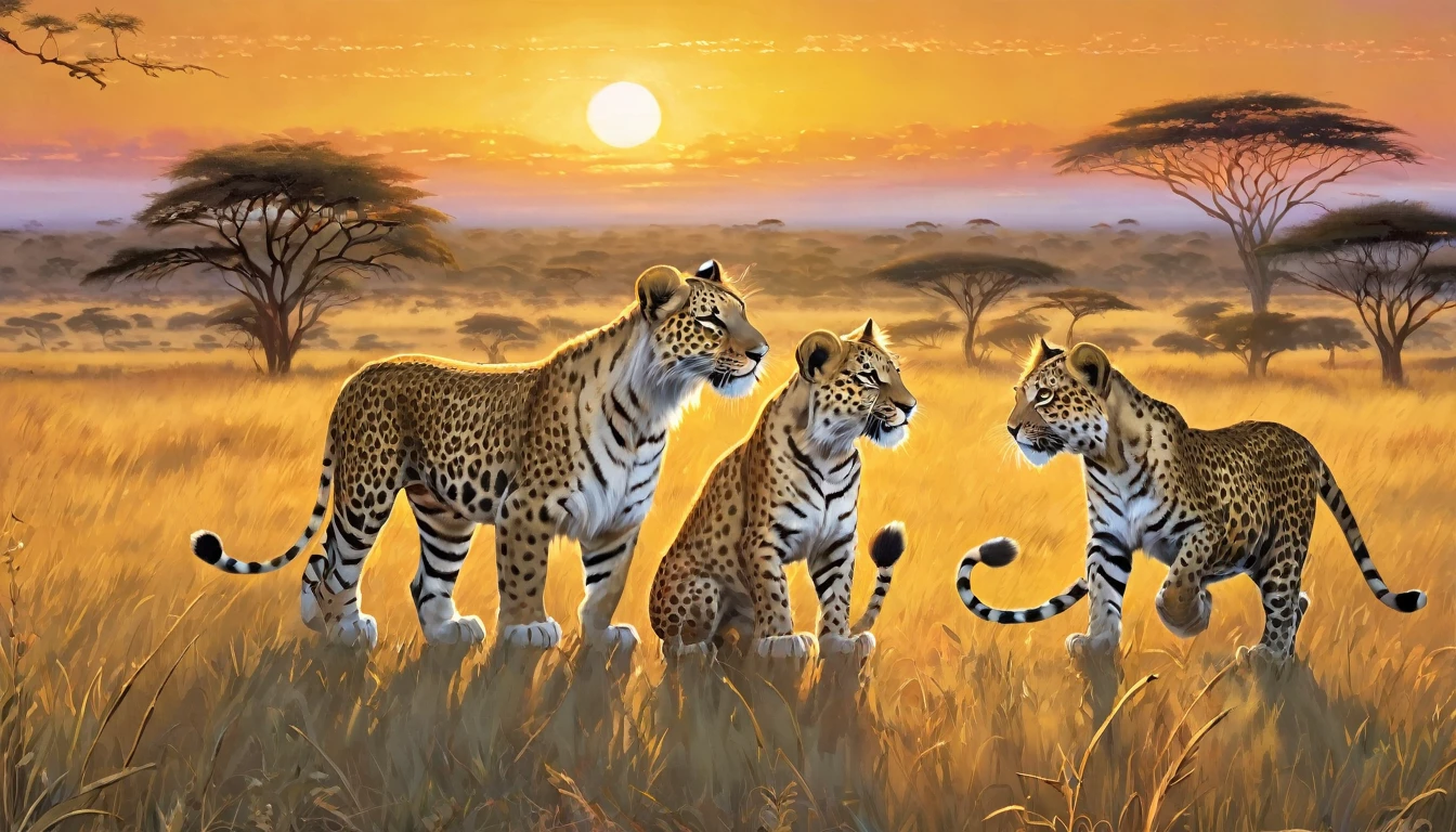 As the sun sets over the African plains, three curious cubs - a lion, a tiger, and a leopard - explore their surroundings, their wide-eyed wonder and playful curiosity captured in a whimsical, storybook style.