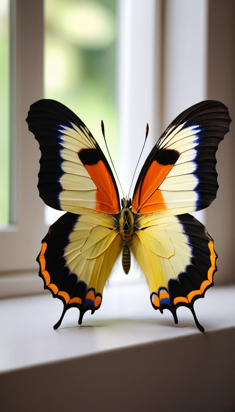 There is no one, realistic photo, photo realism, realism, Papillon (butterfly), perfect composition, intricate details, Very sharp, masterpiece, profile, high resolution, looking at the viewer, Full body photo in a comfortable atmosphere indoors