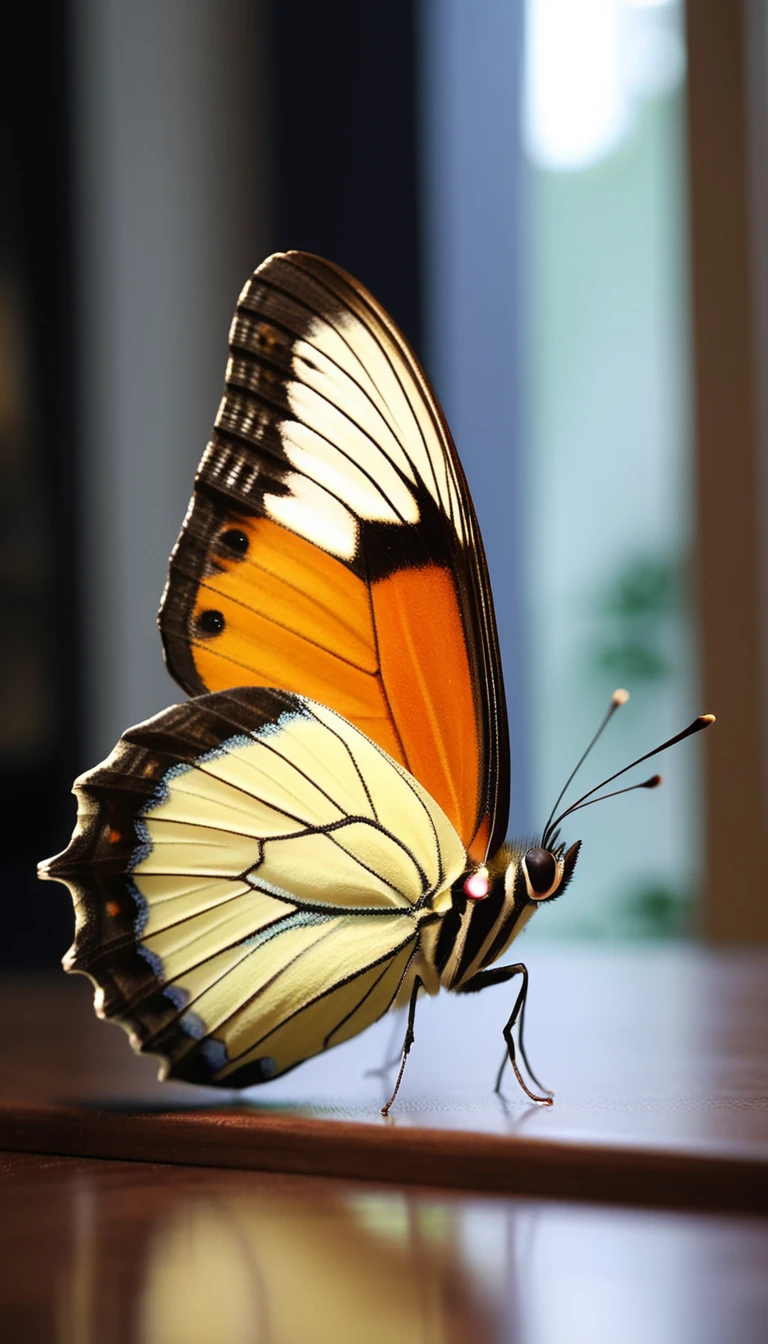 There is no one, realistic photo, photo realism, realism, Papillon (butterfly), perfect composition, intricate details, Very sharp, masterpiece, profile, high resolution, looking at the viewer, Full body photo in a comfortable atmosphere indoors