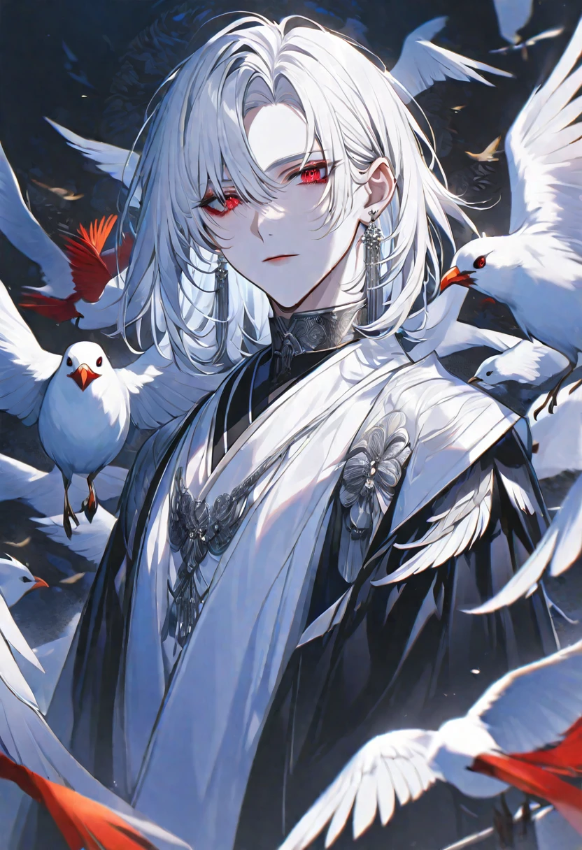 Boy, white hair, red eyes dragon, serious sharp features, white skin, pink lips, winter fashion.