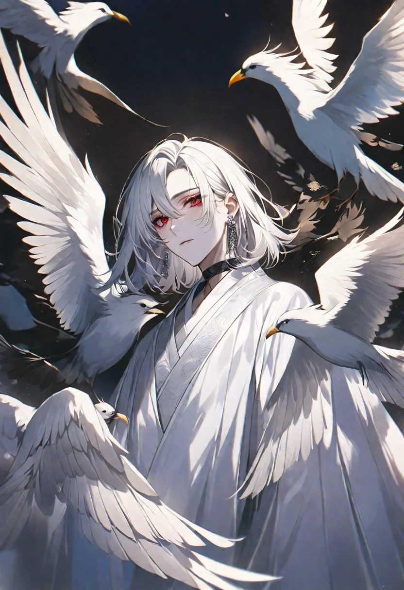 独奏, handsome,
1. male,
hime cut,Straight Hair,short Hair,
White hair,
Gojo Satoru ,
red Eyes,Soft look,beautiful,beautiful,sexly,Darkness,Lots of silver earrings,choker,
White OVERsize court,
White skin,bird,wing,
black background,