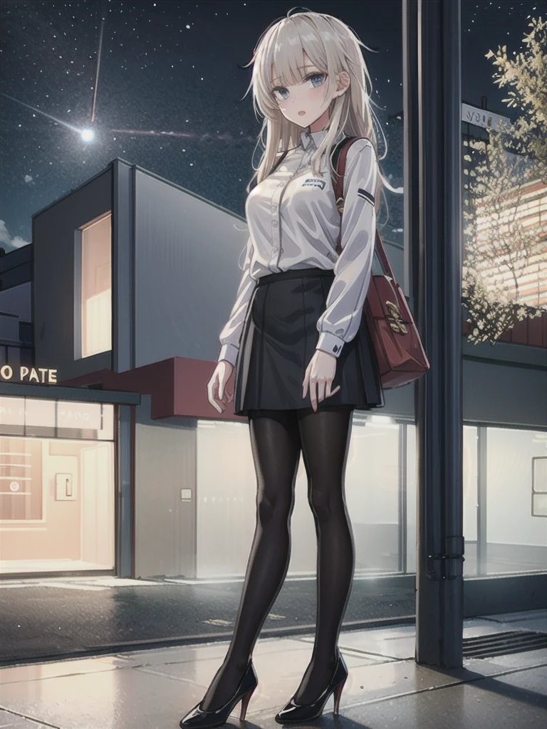 1girl, solo, female, ak-74m, white shirt, standing, full body shot's, blue skirt, outdoor, night, 4k, bokeh, pantyhose, carying a bag, mature woman, a date, one bag, high heels