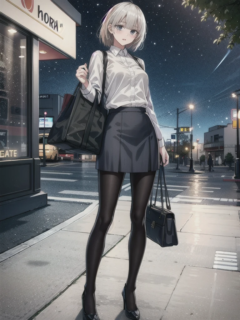 1girl, solo, female, ak-74m, white shirt, standing, full body shot's, blue skirt, outdoor, night, 4k, bokeh, pantyhose, carying a bag, mature woman, a date, one bag, high heels
