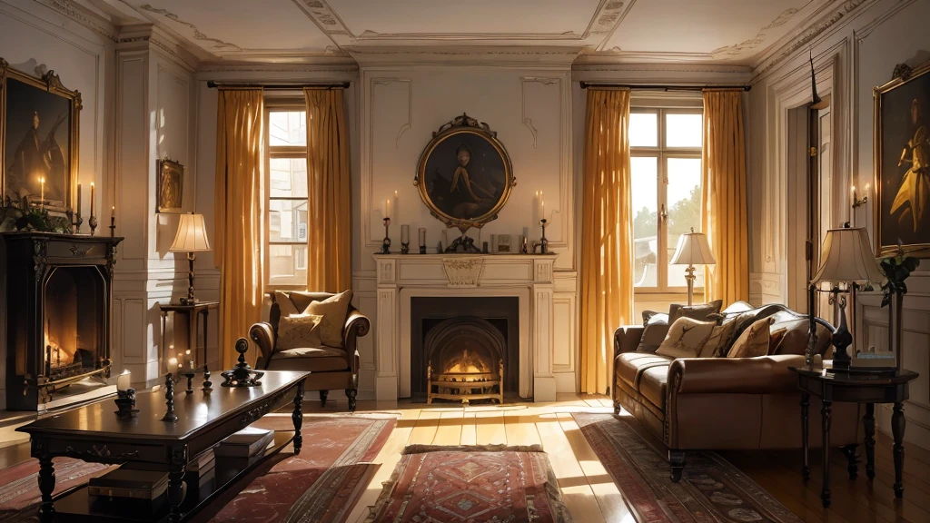 Interior, victorian Manor with reliquies, (((Nigth))), (((moonligth enters the living room))) soft pale orange palette, soft  secundary exterior ligth 